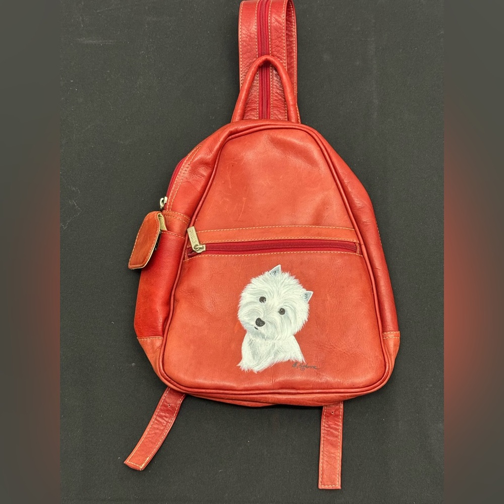 Piel Leather Women's Backpack Red West Highland White Terrier zipper strap